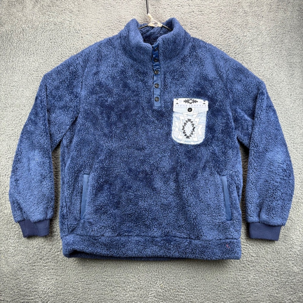 Mens Sherpa Fleece Pullover Sweatshirt Dark Blue Quarter Zip Pockets Size L